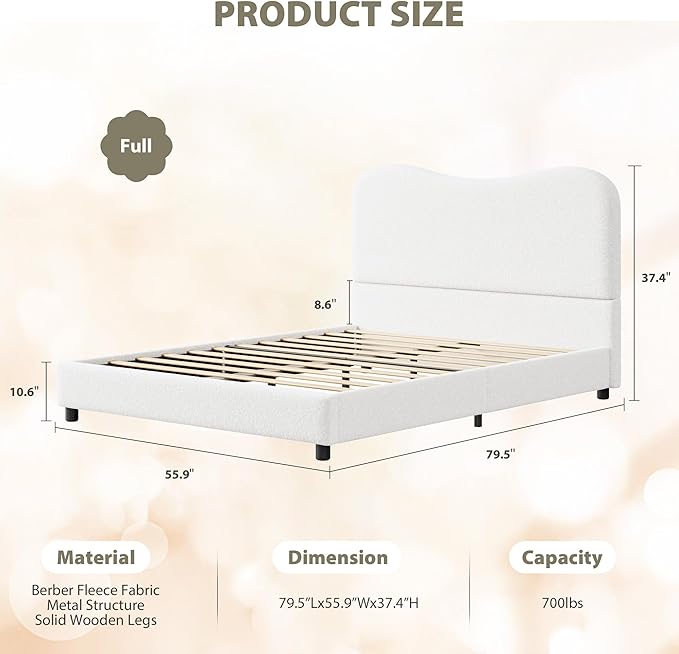 GarveeHome Full Size Bed Frame for Kids with Velvet Upholstered Headboard, Cute Low Profile Platform Bed for Girls and Boys, No Box Spring Needed, Strong Wooden Slats, Noise Free, Easy Assembly, White