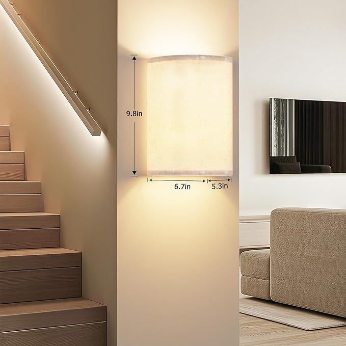 Battery Operated Wall Sconces Set of Two, Wall Lamp with Remote, 3 Colors Dimmable Fabric Wireless Sconces Wall Decor Set of 2 with Timer for Bedroom Living Room