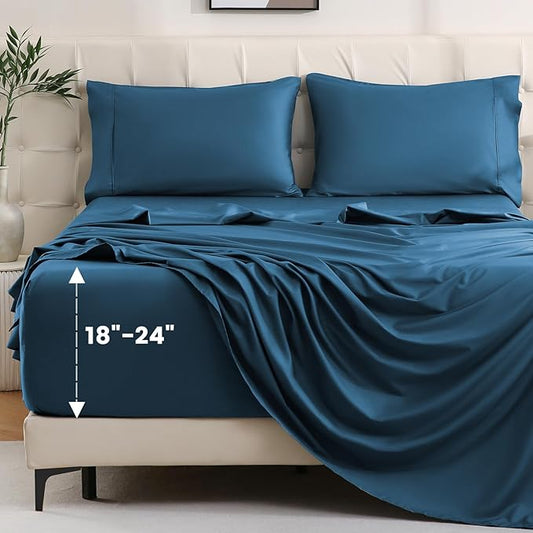 Bedlifes Queen Sheet Set, Extra Deep Pocket 18-24 Inches,1000Thread Count 100% Egyptian Cotton, Soft and Breathable Sateen 4-Piece,Navy