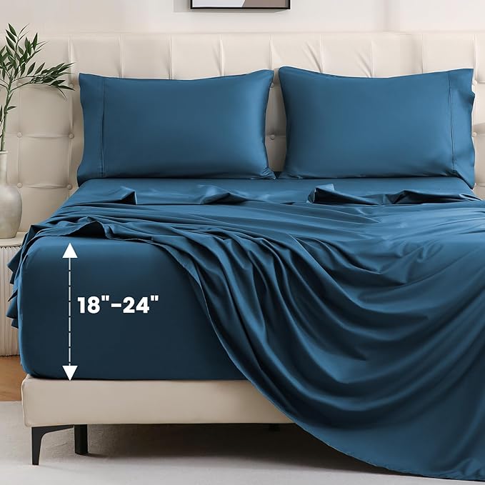 Bedlifes King Sheet Set, Extra Deep Pocket 18-24 Inches,1000Thread Count 100% Egyptian Cotton, Soft and Breathable Sateen 4-Piece,Navy