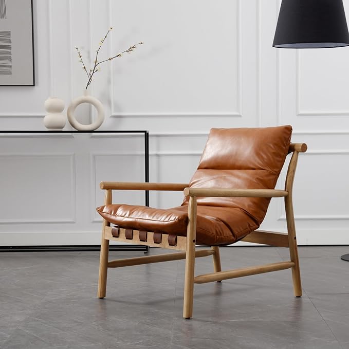 Faux Leather Accent Chair Set of 2 - Solid Wood Lounge Chair with Removable Cushion, Modern Low Back Armchair Reading Chair for Living Room/Bedroom/Balcony, Brown Sofa Chair (Easy Assembly)
