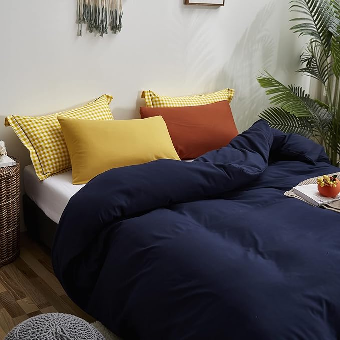 Luxlovery Navy Blue Comforter Set King Dark Blue Bedding Comforter Set Soft Breathable Quilts Breathable Cozy Comforter with 1 Yellow+1 Caramel Pillowcase for King Bed