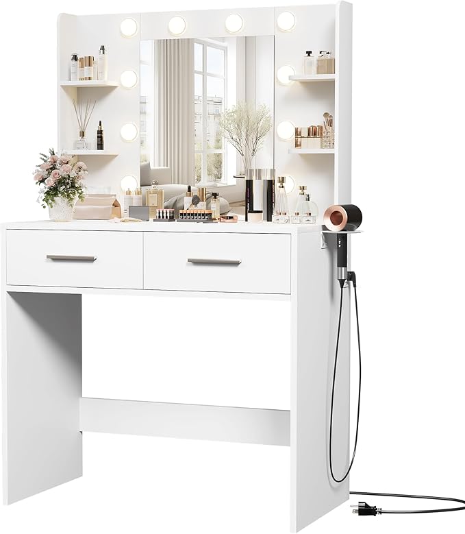 Furmax Make up Vanity Desk with Mirror and Power Outlet, Vanity with 3 Color Light Options Adjustable Brightness,Vanity Desk with 2 Drawers, 6 Storage Shelves (White, No Bench)