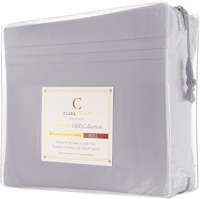 Clara Clark Bed Sheets, Premier 1800 Series 4 Piece Bed Sheet Set, Deep Pocket, Wrinkle, Fade, Stain Resistant, Luxury Soft Bedding Sheets & Pillowcases, King, Silver Gray