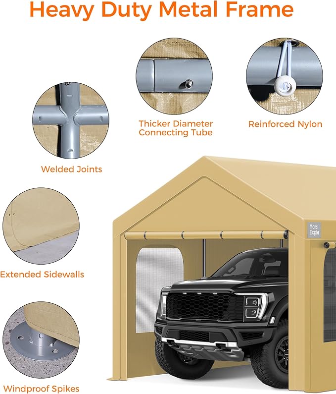 Carport, 12 x 20 FT Portable Garage Heavy Duty, Carport Canopy with Sidewalls Roll-Up Door & Windows, Car Port Canopy Tent Reinforced with Extended Skirt for Truck, Boat, Car Shed (Khaki)