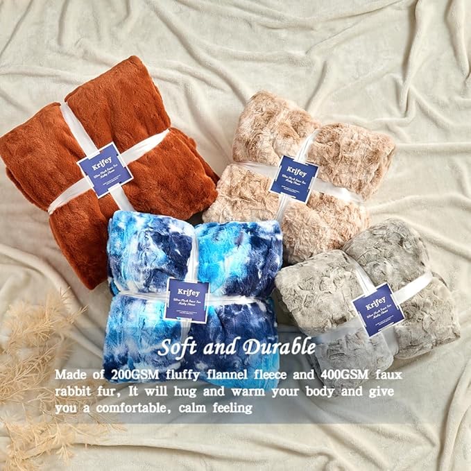 Krifey Oversized Blue Faux Fur Blanket, Super Soft Cozy Blanket, Luxury Fluffy Throw Blanket Fuzzy Bed Throw Tie Dye Blue 60" x 80"