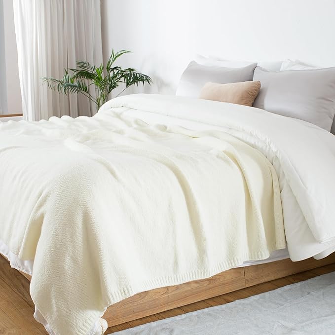 Carriediosa Wool Blend Knit Throw Blanket 50" X 60", 50% Recycled Polyester Soft Cable Knitted Fluffy Throws for Couch Lightweight Woven Blankets for Sofa Fuzzy Cozy Bed Cover, Vanilla Cream