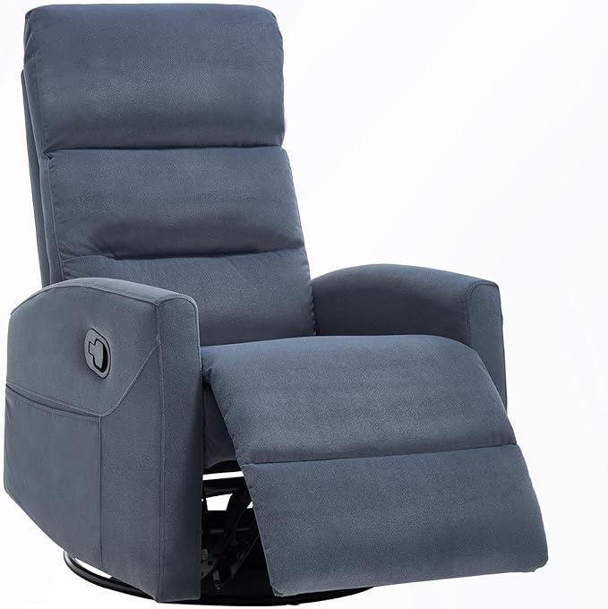 360° Swivel Rocker Recliner Chair for Small Spaces, Manual Reclining Chair for Adults, Rocking Glider for Nursery, Living Room, Bedroom, Fabric Blue Grey