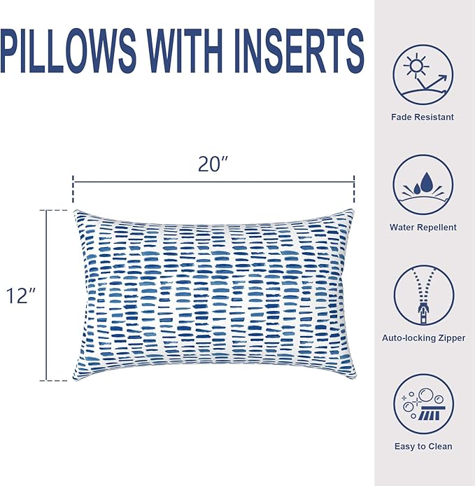 Outdoor/Indoor Lumbar Pillows, Water Repellent Cushion Pillows, 12x20 Inch, Outdoor Pillows with Inserts for Home Garden, Pack of 2, Pebble Blue