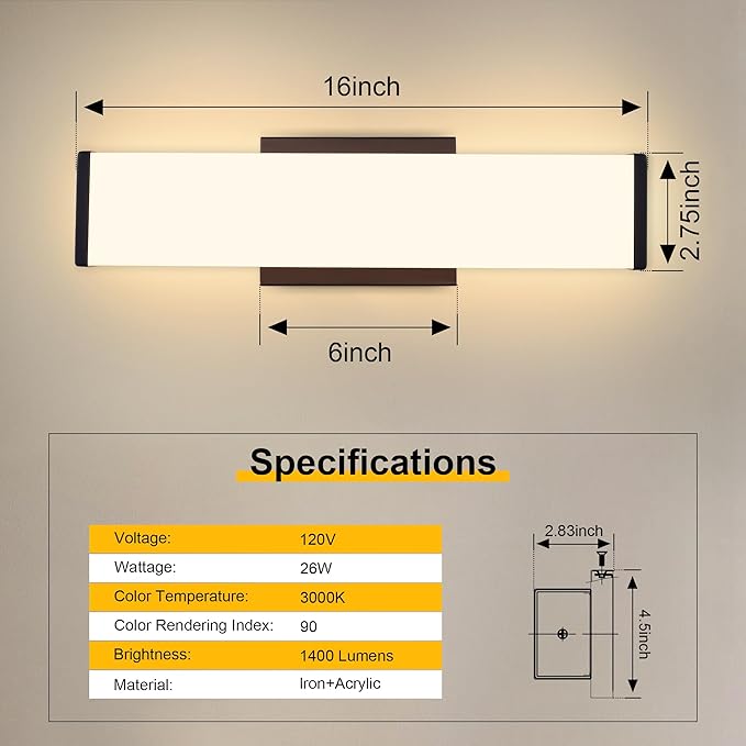 Kalium 16in Modern Wall Sconces, Dimmable Bathroom Vanity Lights, 3000K Warm White LED Indoor Sconces Lighting for Bathroom, Stairs, Living Room, Bedroom. Hardwired.