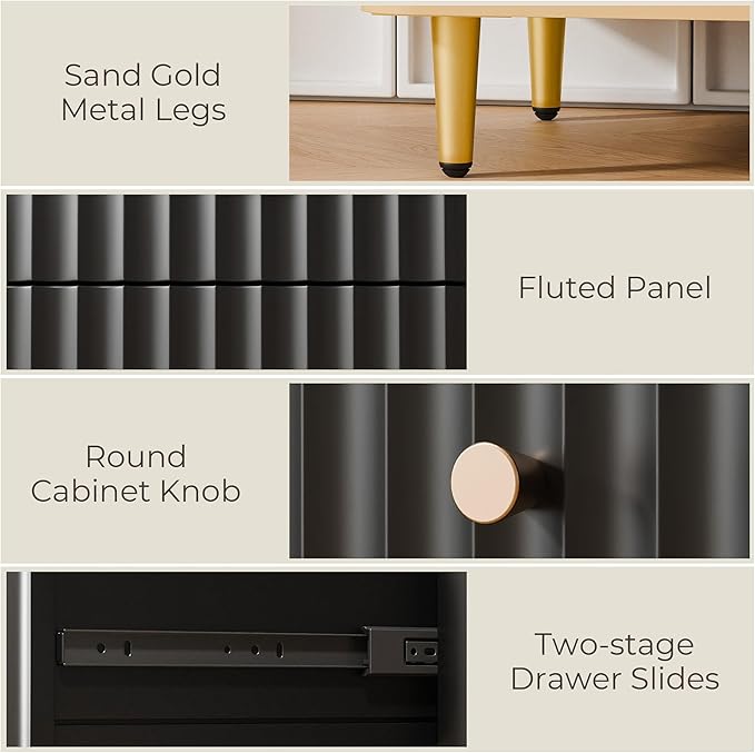 RECCI Fluted Vanity Desk with 36" Mirror and Lights, Makeup Vanity Desk with Glass Top, Dressing Table with 5 Drawers & Shelves, Wood Vanity Table for Bedroom(Black)