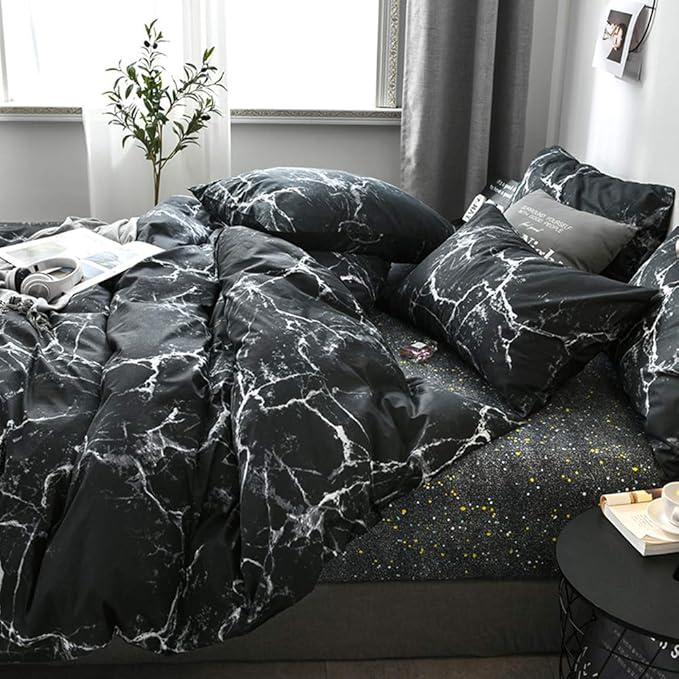 Luxlovery Black Marble Comforter Set King Black and White Marble Bedding Comforter Set Women Men Gothic Abstract Comforter King Size Breathable Soft Cozy Blanket Quilts Comforter with 2 Pillowcases