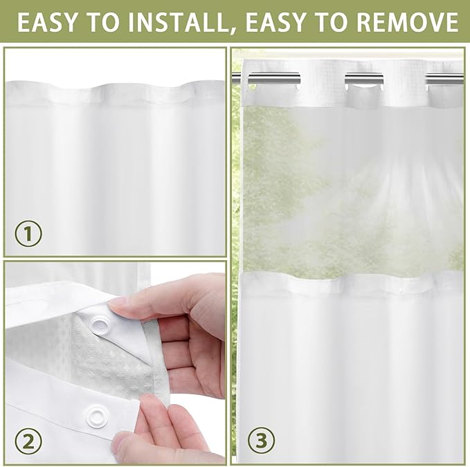 YellyHommy Waterproof Fabric Snap in Shower Curtain Liner Replacement with 2 Magnets71 W x 55" L for 72" W x 75" L No Hook Shower Curtain - Removable & Detachable to Wash 2PCS