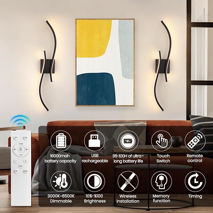 Battery Operated Wall Sconces Set of 2，Rechargeable Dimmable Battery Operated Wall Sconce with Remote Control，3000K-6500K LED Black Wireless Wall Light for Living Room Bedroom Hallway，31.5inch (Black)