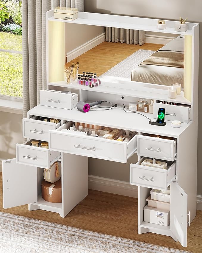 AOGLLATI Vanity Desk with Mirror and Lights, Makeup Vanity Desk with Lights, Large Mirror with Charging Station and 3 Color Lightbox, White Vanity Table with 7 Drawers for Bedroom, White