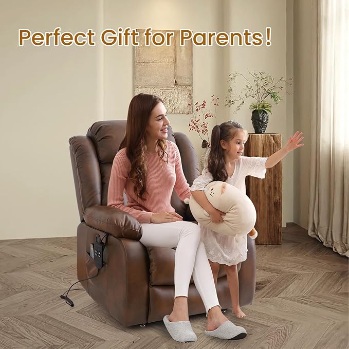 TEKAMON Power Lift Recliner Chair for Elderly, Dual Motor Genuine Leather Recliner with Heat & Massage, Lay Flat Sleeping Chairs with Infinite Position, Remote Control & USB Ports