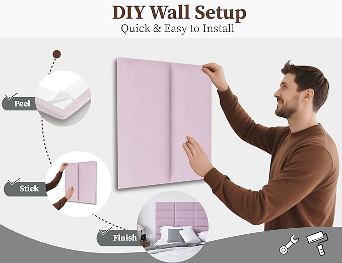 Upholstered Queen Headboard, Wall Mounted 9PCS Peel and Stick Bed Panels, Interior Decor Cabeceras de Cama Queen, Headboards for Adjustable Bed, 10"x24" Each, Pink