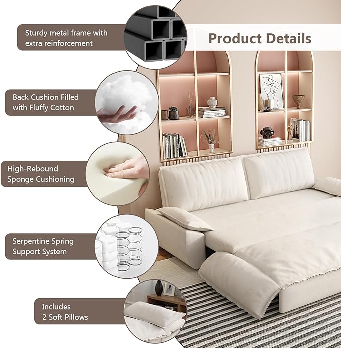 73.2-Inch Queen Size Convertible Sleeper Sofa Bed, 3-in-1 Pull-Out Futon Loveseat, Velvet Futon Couch with 2 Soft Pillows for Living Room, Office, Apartment, RV, Hide-A-Bed Fold Out Sofa&Couches