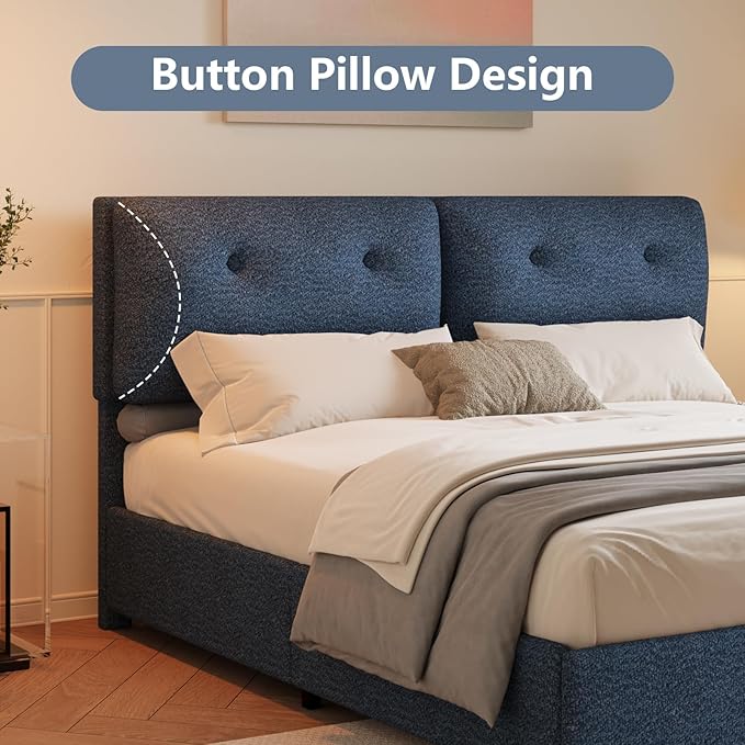 King Bed Frames,Breathable Boucle Fabric Upholstered Bed Frame with Headboard,Removable and Washable,Wood Slat Support,No Box Spring Needed,Easy Assembly,Navy Blue