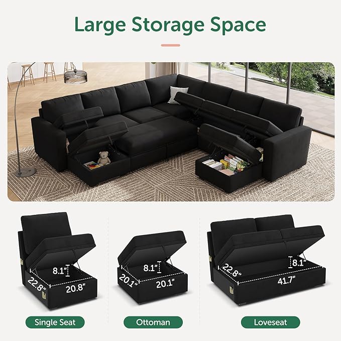 HONBAY Modular Sectional Sleeper Sofa with Pull Out Couch, Oversized U Shaped Sleeper Pull Out Bed with Storage Sectional Couches for Living Room - Black