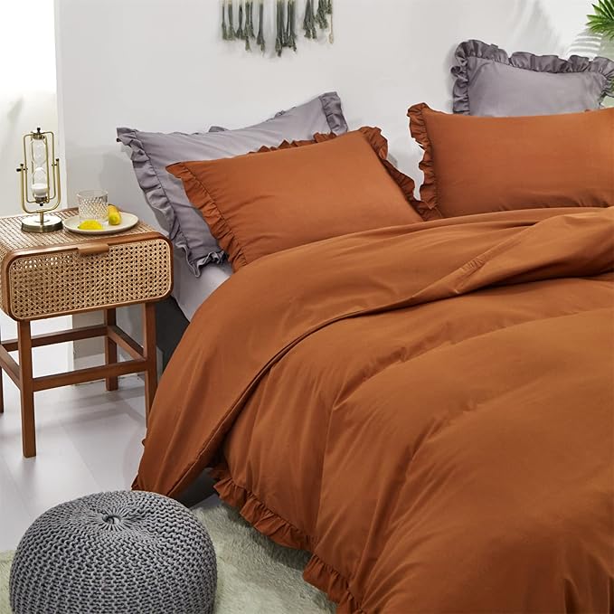 Luxlovery Ruffle Pumpkin Comforter Set King Farmhouse Rust Terracotta Bedding Comforter Set Shabby Boho Solid Cotton Blanket Quilts Vintage Rustic Pumpkin Bedding Set for King Bed