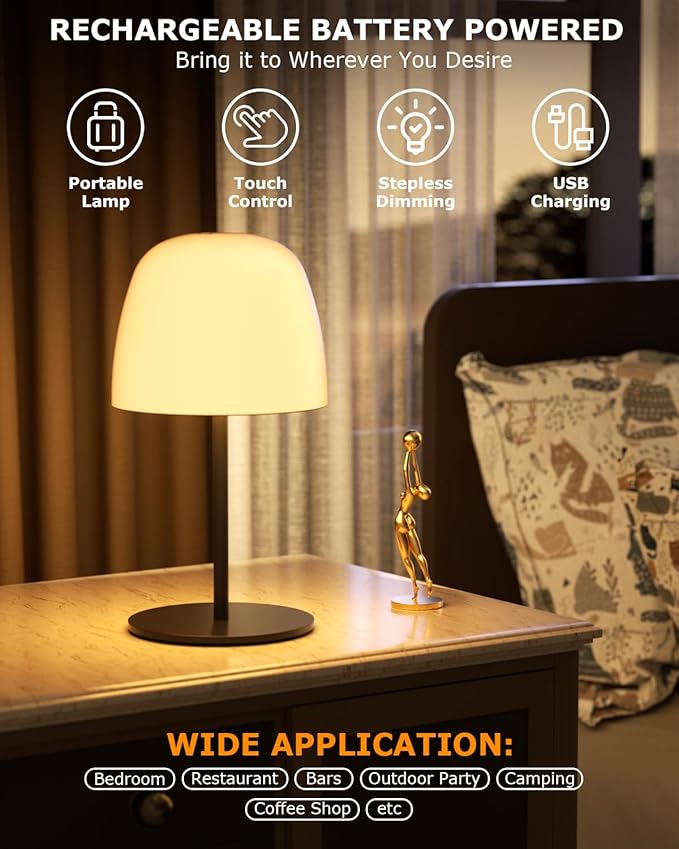 Portable Cordless Table Lamp, 3 Color Stepless Dimming 5500mAh Rechargeable Battery Operated LED Desk Lamp, for Bedroom/Couple Dinner/Desk/Cafe/Dining Room/Terrace