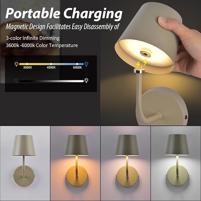 LED Wireless Wall Lamp Set of 2, with 5600mAh Rechargeable Battery Powered Wall Sconces, Touch For Remote Control Infinite Dimming Be used for Bedroom Mirror Living Room Wall Painting(Apricot)