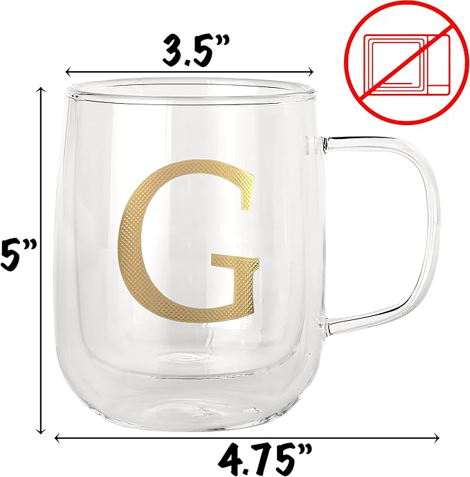 COLLECTIVE HOME - Double Walled Glass Coffee Mugs, Insulated Coffee Mug with Handle, Personalized Gifts for Women, Men, Christmas, 14 oz Monogram Cups (G)