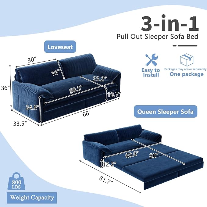 66-Inch Queen Size Convertible Sleeper Sofa Bed, 3-in-1 Pull-Out Futon Loveseat, Velvet Love Seat Couch with Side Pocket for Living Room, Office, Apartment, RV, Hide-A-Bed Fold Out Sofa&Couch
