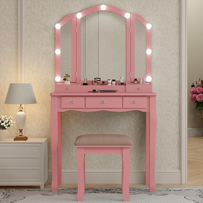 Pink Makeup Vanity Desk with Mirror Lights, Vanity Desk with Lights and Mirror, Makeup Vanity with Drawers and Kids Vanity