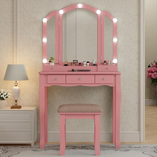 Pink Makeup Vanity Desk with Mirror Lights, Vanity Desk with Lights and Mirror, Makeup Vanity with Drawers and Kids Vanity
