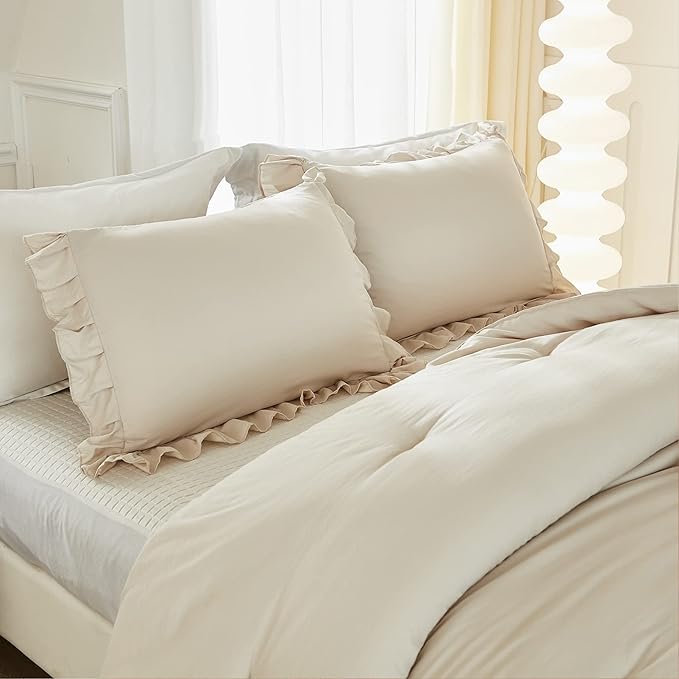 Litanika Queen Comforter Set Beige, 3 Pieces Ruffle Lightweight Bedding Comforter Set, Fluffy Bed Set (90x90In Comforter, 2 Pillowcases)