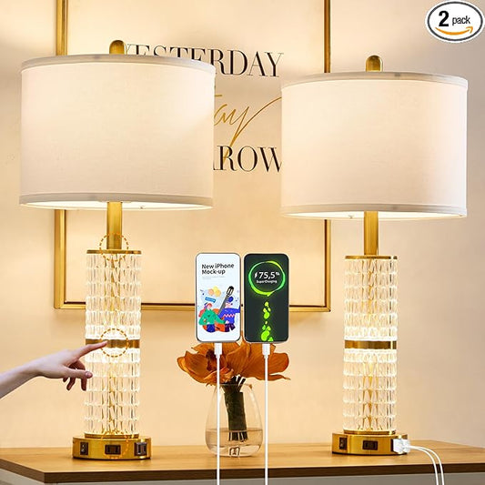 Crystal Table Lamp Set of 2, Modern Touch Lamp with Nightlight, 3-Way Dimmable Bedroom Lamp with 2 USB Ports & AC Outlets for Living Room Bedside Nightstand Lamp