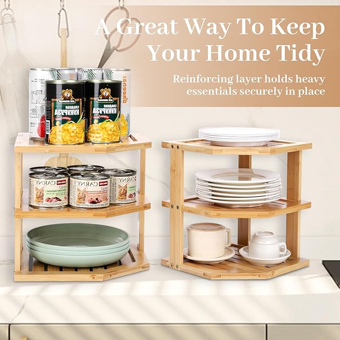 3-Tier Design Bamboo Corner Cabinet Organizer Countertop Kitchen Corner Rack, Plate Organizer for Cabinet Space Saver, Dishes, Bread Pantry, Bathroom Storage Racks or Countertop Racks