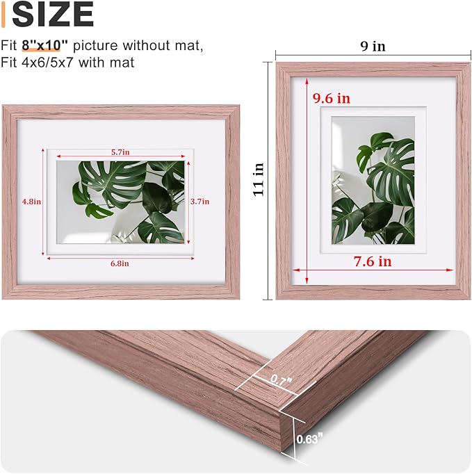 Egofine 8x10 Picture Frame Made of Solid Wood Covered by Plexiglass, Display Pictures 4x6/5x7 with Mat or 8x10 Without Mat for Table Top Display and Wall Mounting Photo Frame, Peach Pink