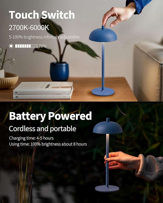 LED 12" Small Cordless Table Lamp Set of 2, 4000mAh Portable Touch Desk Lamp, 3 Color Dimming Rechargable Battery Powered Lamps, for Bedroom, Outdoor, Restaurant, Bedside, Night Lights (Blue)