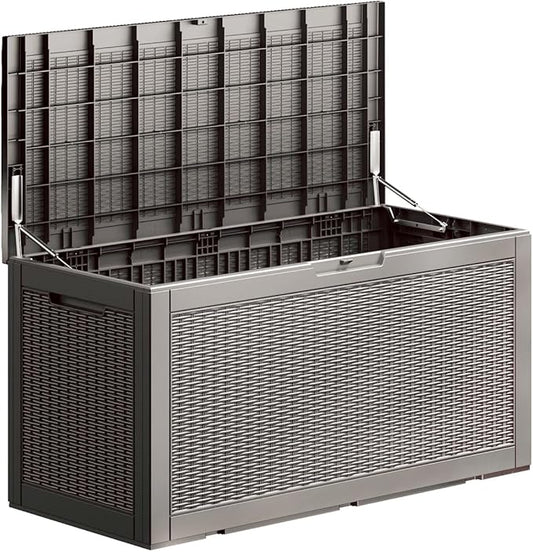 100 Gallon Waterproof Deck Box, Lockable Resin Storage Box for Patio Furniture Cushions Garden Tools and Outdoor Delivery Storage, Coffee