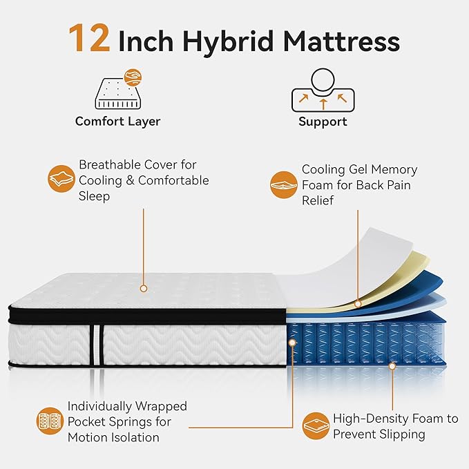 Queen Size 12 Inch Hybrid Mattress with Individually Wrapped Coils and Cooling Memory Foam, Medium Firm Support with Motion Isolation & Edge Support, CertiPUR-US Certified, Mattress in a Box