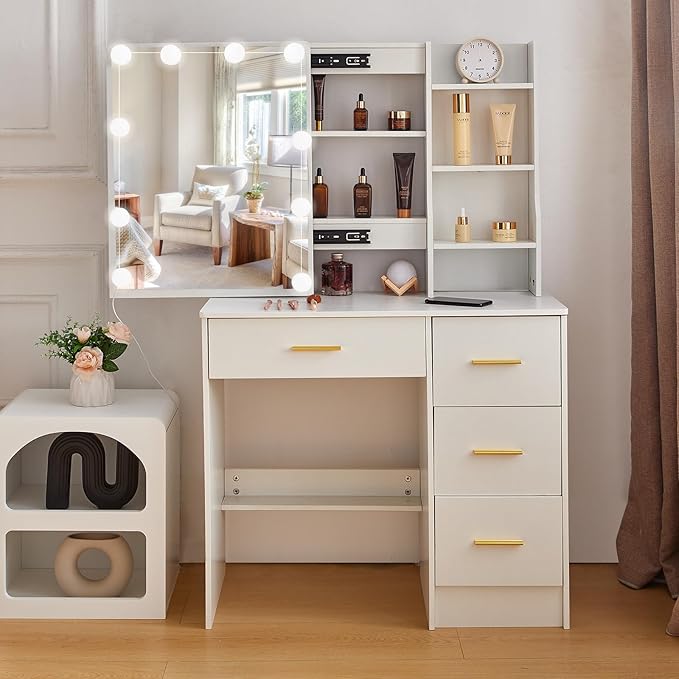 JBLCC Vanity Desk with Mirror and Lights, White Makeup Vanity with 3-Color Lighted Sliding Mirror, 4 Drawers & Open Shelves, Small Vanity Table for Bedroom, Girls & Women