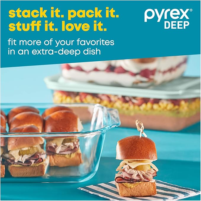 Pyrex Deep 3-Pack Glass Baking Dish Set (9"x13", 7"x11", 8"x8") With BPA-Free Lids, Rectangular Glass Bakeware, Dishwasher, Microwave, Freezer & Pre-Heated Oven Safe