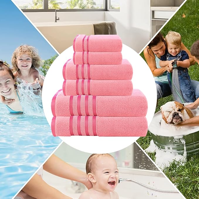 CASA COPENHAGEN Zero Twist, 6 Pieces Set 100% Cotton 0" Twist Towel Set- Pink, 600 GSM, 2 Bath, 2 Hand, 2 Washcloths Made from Egyptian Cotton, Ultra Soft Luxury Towels for Bathroom.