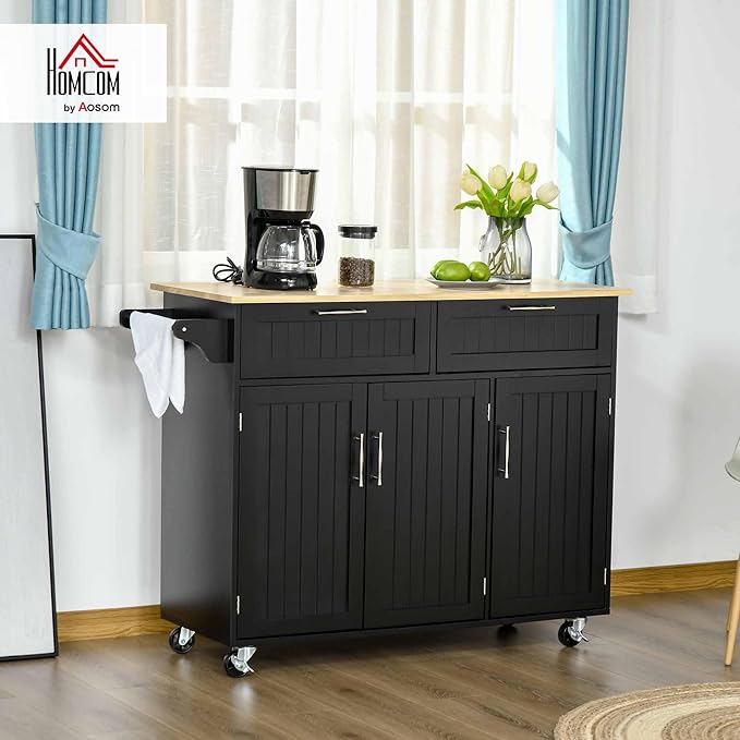HOMCOM Mobile Kitchen Island with Storage, Kitchen Cart with Wood Top, Storage Drawers, 3-Door Cabinets, Adjustable Shelves and Towel Rack, Black