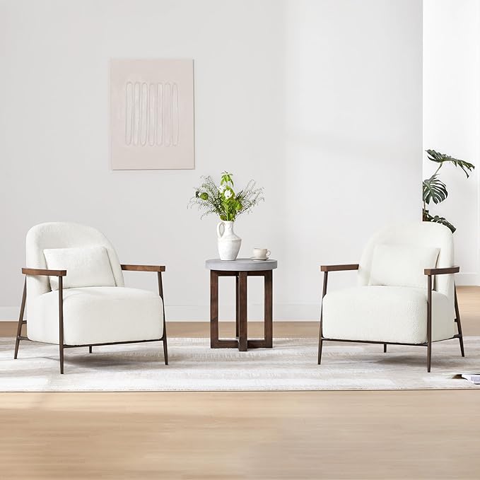 CHITA Accent Chair for Living Room Set of 2, FSC Certified Modern Upholstered Faux Sherpa Fabric Armchair with Metal Frame and Wooden Armrests, White