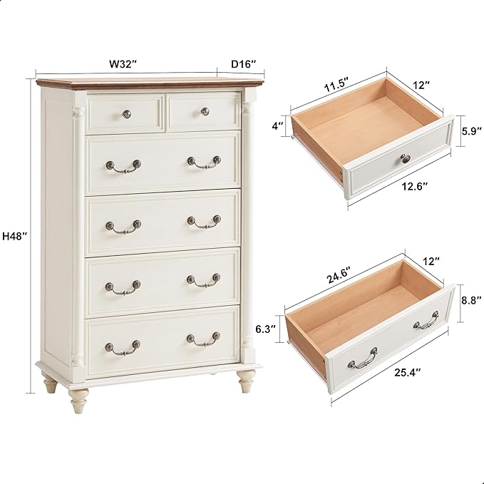 T4TREAM Farmhouse 6 Drawers Dresser Chests for Bedroom w/4 Solid Wood Feet &Column Decor, Tall Wood Rustic Chest of Drawers, Storage Dressers Organizer for Bedroom, Living Room, Nursery, Antique White