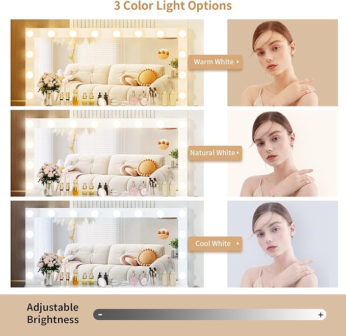 VOWNER Vanity with Lighted Mirror - Makeup Vanity Desk with 11 Drawers and Outlet, 3 Color Lighting Modes Adjustable Brightness, 46" Vanity Table with Soft Cushioned Stool for Bedroom, White