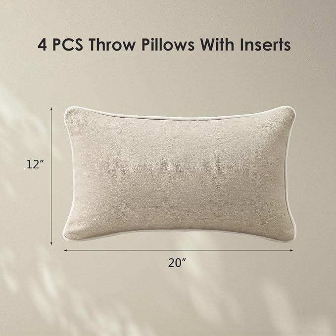 Decorative Outdoor Water Repellent Throw Pillows with Inserts, Set of 4, 20" x12" Pillows for Patio, Backyard, Bed, Couch, and Patio Furniture, Tan