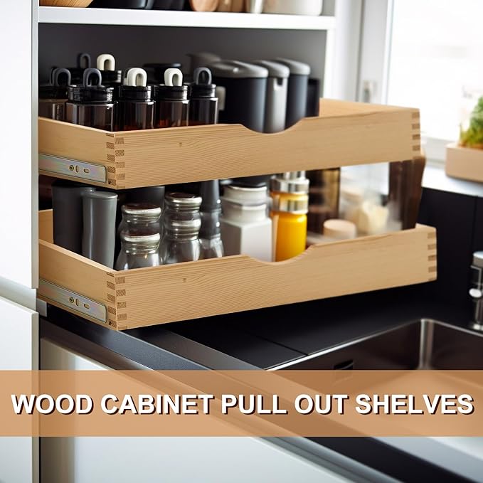 Sintuff 4 Set Wooden Pull out Tray Cabinet Organizer Soft Close Roll out Shelves for Kitchen Cabinets Fully Assembled Slide Pantry Shelves(21'' X 21'')