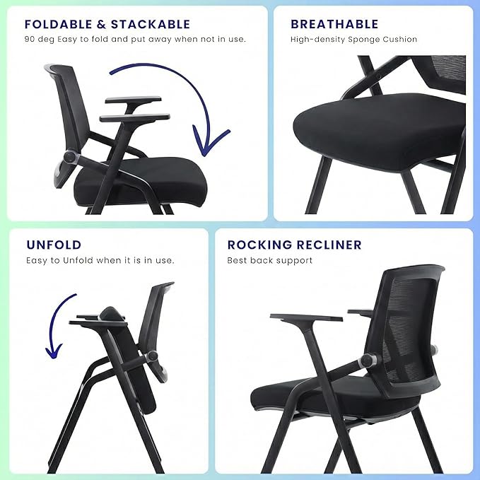 40 Pack Stackable Conference Room Chairs with Paddle Folding Office Chair Foldable Desk Chair Mesh Back and Arms for Conference Meeting Guest Reception Home Office Training Room Chair Black