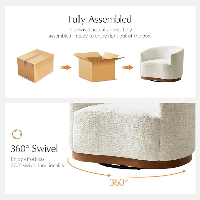 HULALA HOME Chenille Swivel Accent Chairs Set of 2, Fully Assembled, Comfy Upholstery Barrel Armchair with Sturdy Solid Base, Ivory