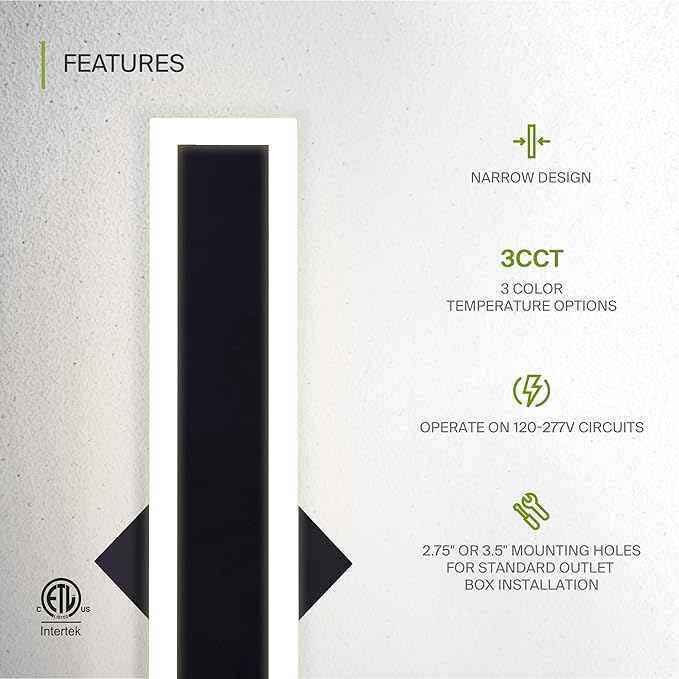 ASD LED 24" Long Wall Mount Light Fixture, Outdoor & Indoor Linear Sconce | 3CCT, Dimmable, Waterproof, Anti-Rust, ETL Listed | 24W 2000LM 3000-5000K 100-277V | Exterior Porch Lighting | Black, 2 Pack